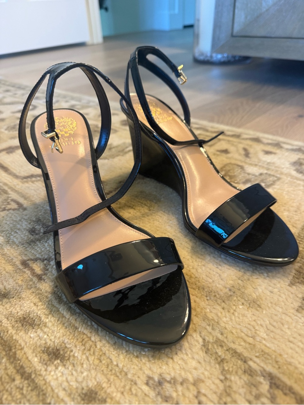 Black Patent Leather Wedge Sandals with Ankle Strap - size 11